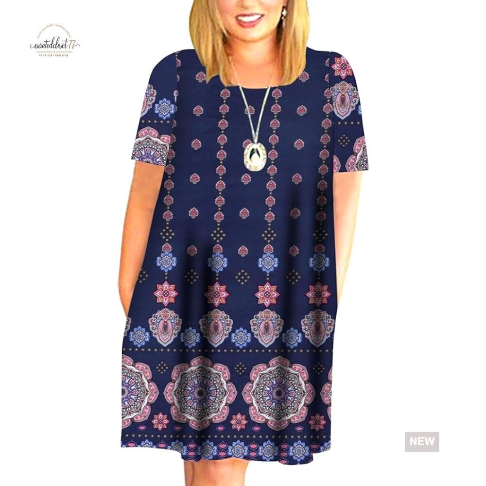Plus Size Summer Swing Dress Short Sleeve Casual with Pockets